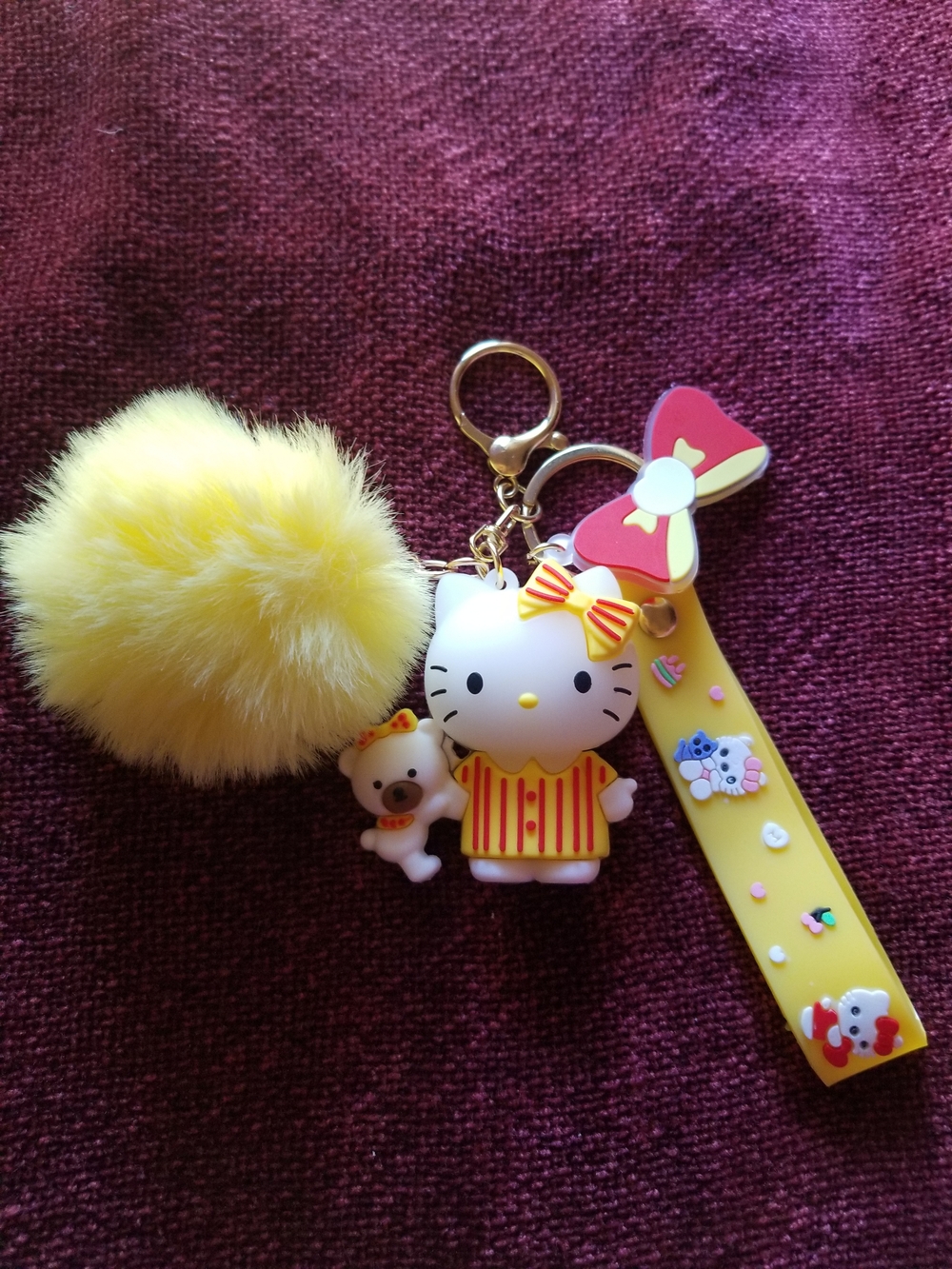 Yellow Hello Kitty Pom-Pom Keychain with Bow Strap and Teddy Charm